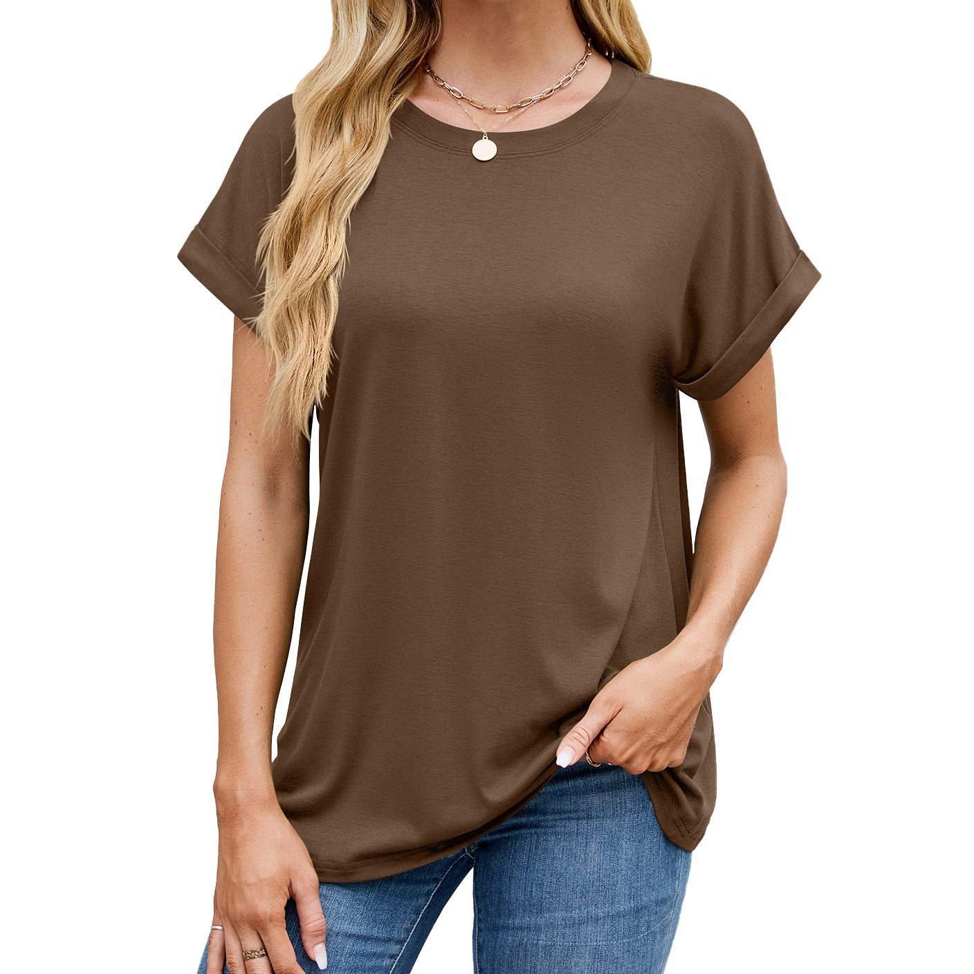 Fudus Basics: Einfarbiges, lockeres Rundhals-T-Shirt