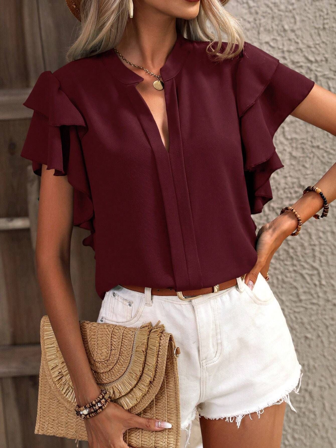Damen Bluse mit Volants und V-Ausschnitt ModeGeist