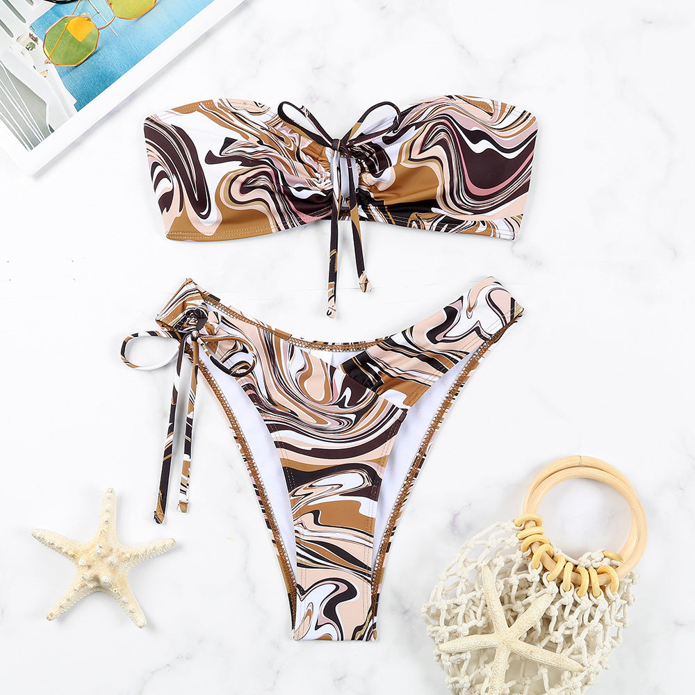 Modischer Damen-Bikini mit Blumenmuster, Bandeau-Oberteil