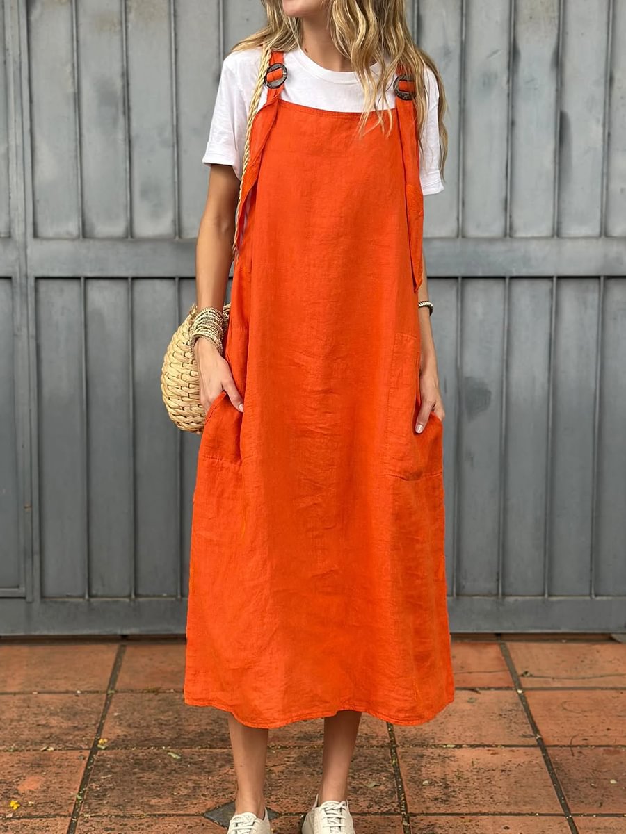 Damen lässiges Leinen-Trägerkleid mit praktischen Taschen ModeGeist