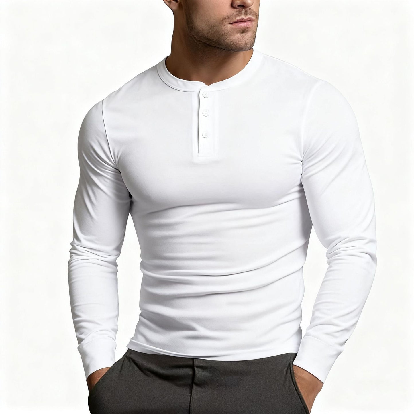 Herren Langarm-Henley-Shirt mit klassischem Knopfdetail und körpernaher Passform ModeGeist