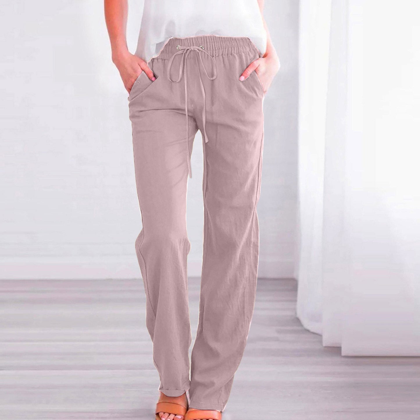 Damen Bequeme Leinen-Hose mit elastischem Bund und Taschen ModeGeist