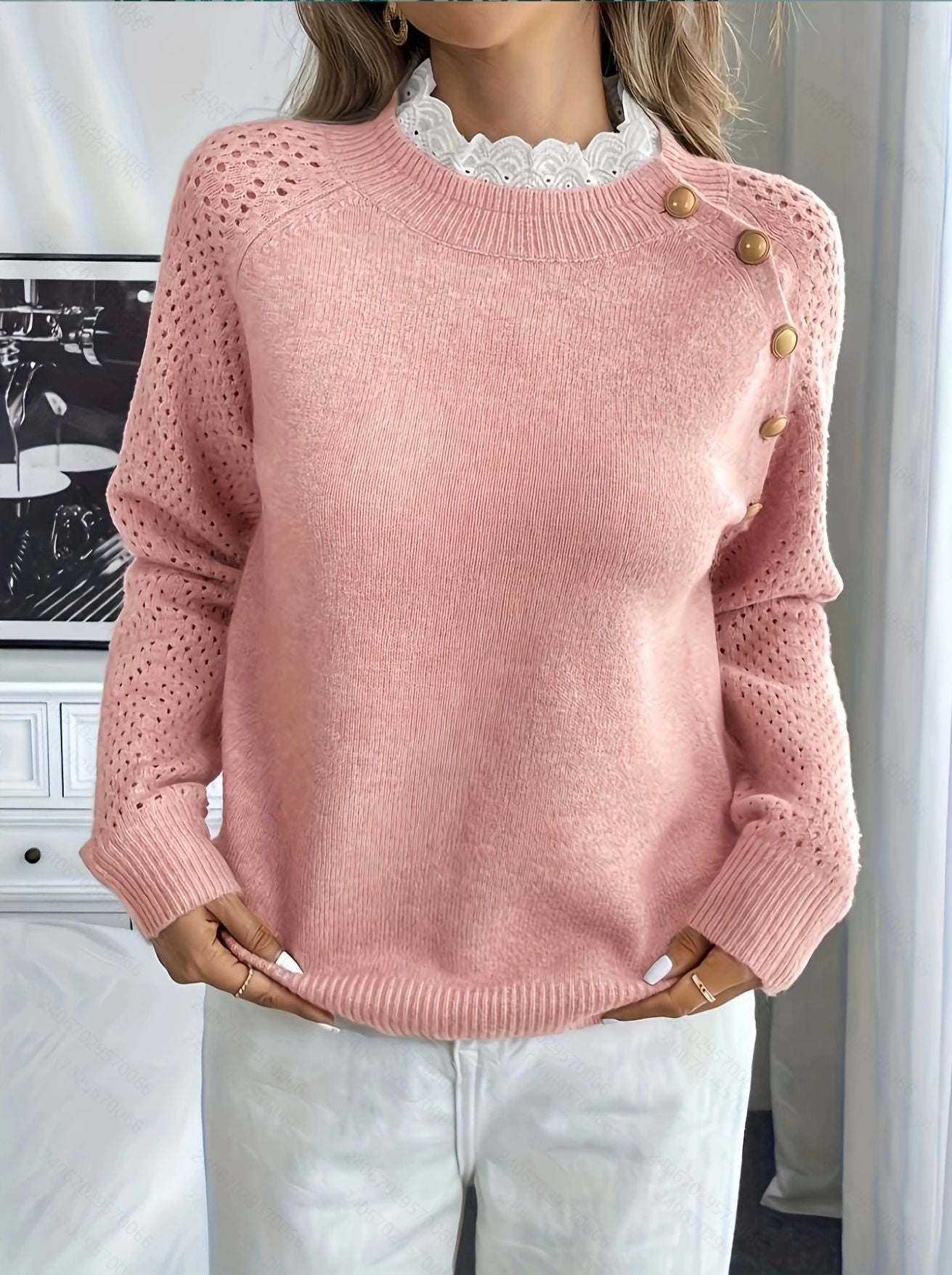 Damen Strickpullover mit dekorativen Knopfdetails und Lochmuster ModeGeist