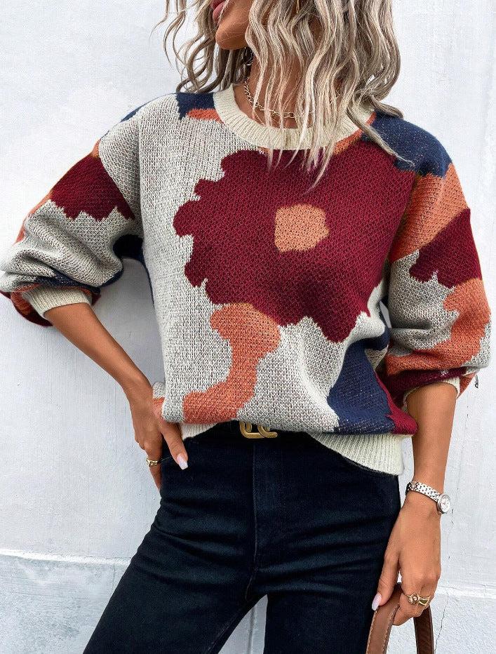 ModeGeist | Pullover Pullover Strickstoff Lockere Passform Rundhals Ballonärmel Gemustert