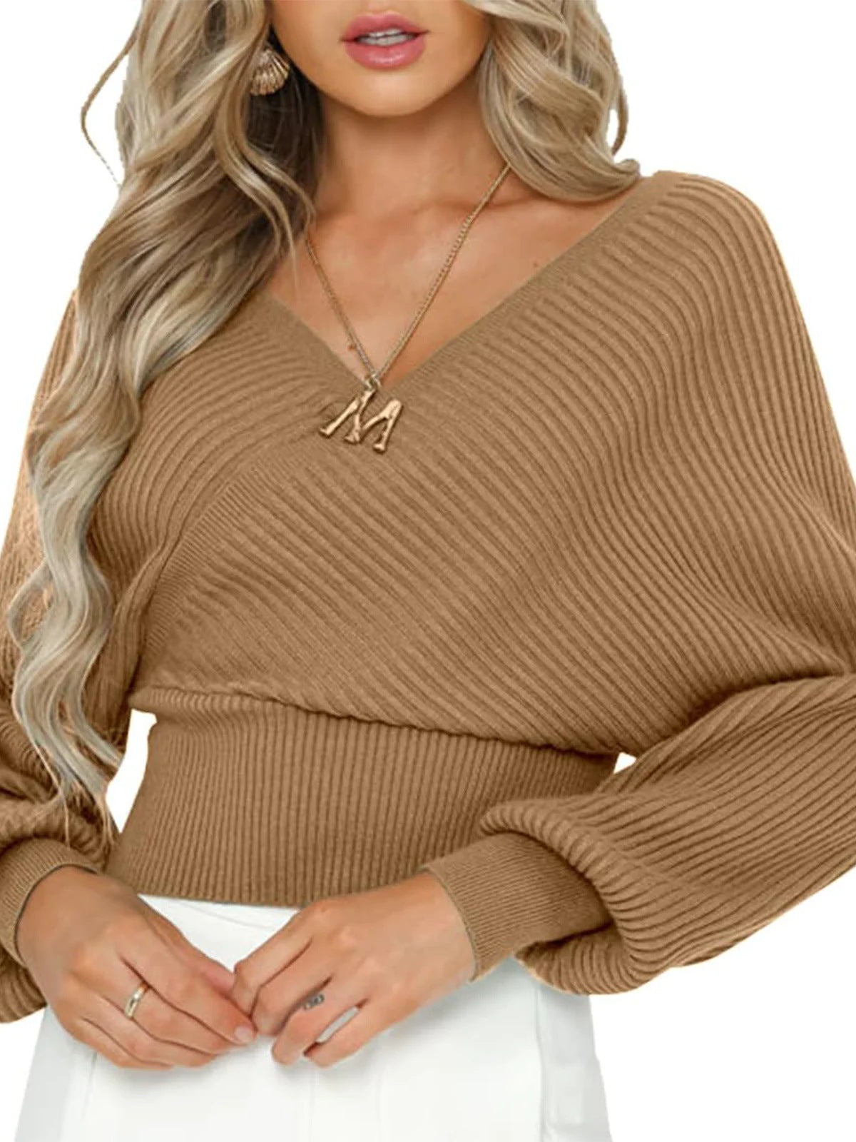 Damen lässiger V-Ausschnitt Pulli mit breiten Ärmeln und Rippstruktur ModeGeist