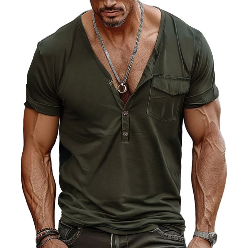 Herren Kurzarm-Henley-T-Shirt mit dekorativer Brusttasche und modernem Schnitt ModeGeist