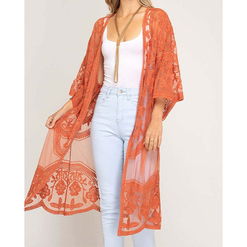Modischer Damen-Crochet-Kimono mit luftigem Schnitt und Blumenmuster