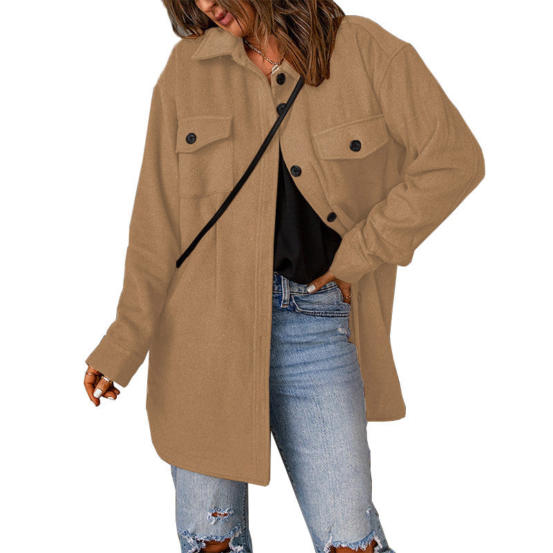 Damen Übergröße Langarm-Hemdjacke mit funktionalen aufgesetzten Taschen und lässigem Schnitt ModeGeist