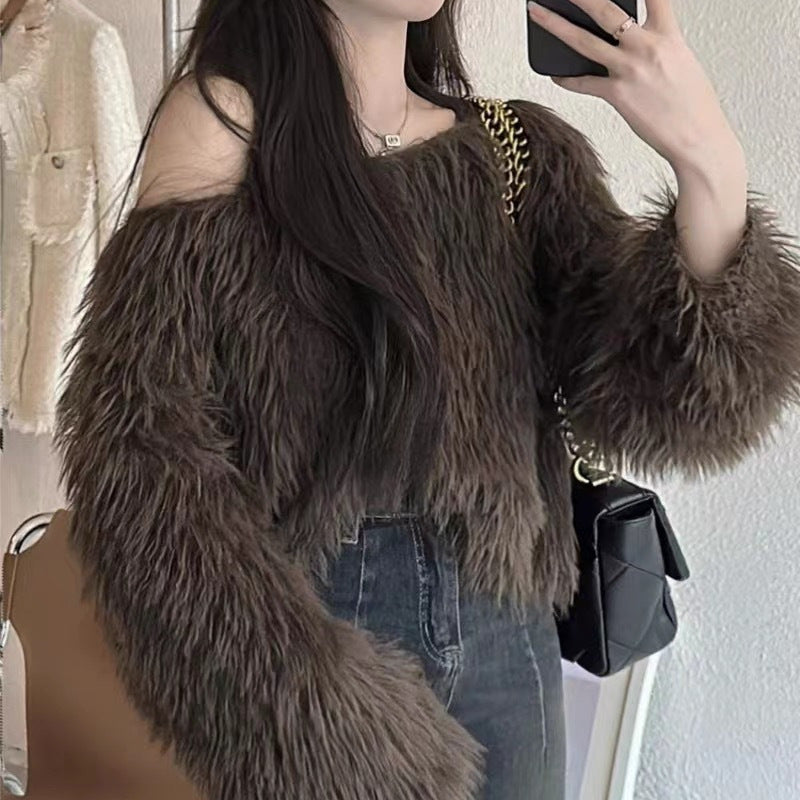 Damen Flauschiger Off-Shoulder-Pullover mit langen Ärmeln ModeGeist