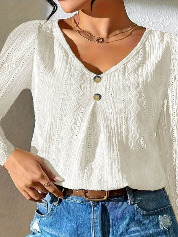 ModeGeist | Knopf Detail Langarm Top Lässiger V-Ausschnitt