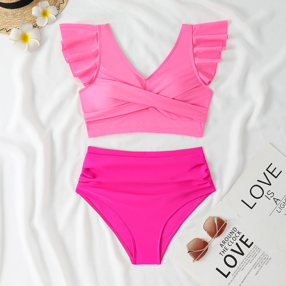 Stylish Women's Ruffle Crop Top and High-Waisted Bikini Bottom Set