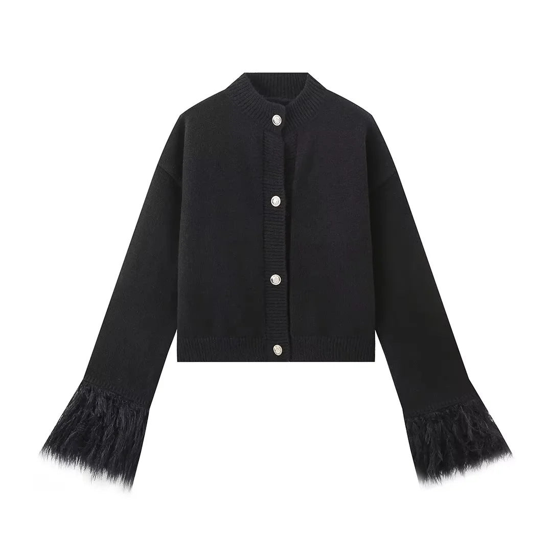 Damen lässige Strickjacke mit dekorativen Fransen und hochwertigen Knöpfen ModeGeist