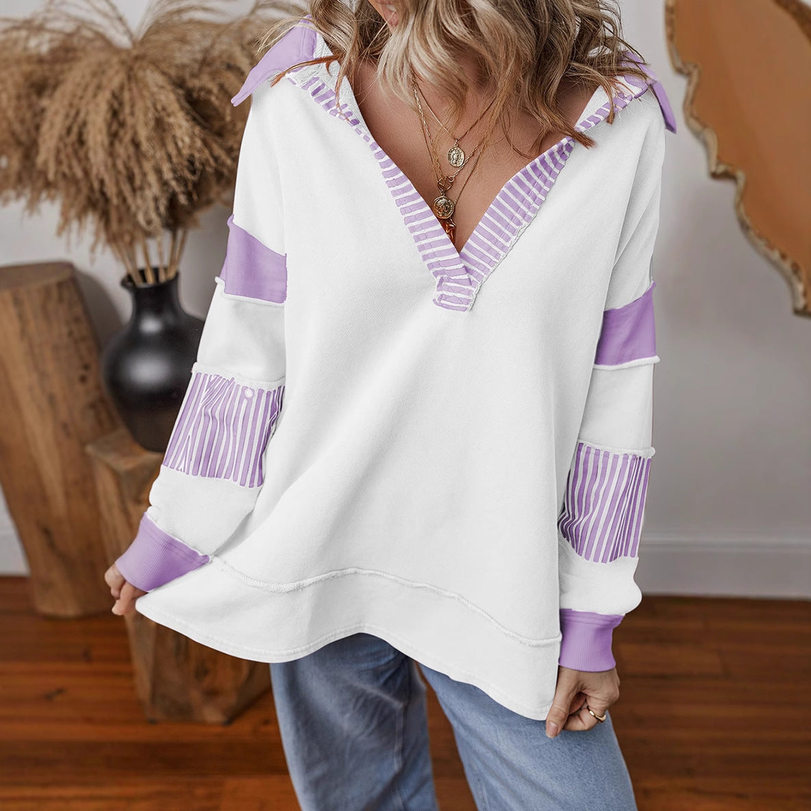 Damen lässiger Pullover mit Hemdkragen und gestreiften Ärmeln ModeGeist