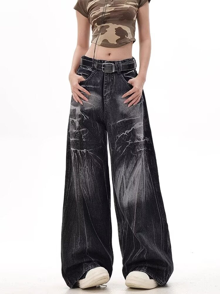 Damen Weite Jeanshose mit modischem Used-Look und hohem Bund ModeGeist