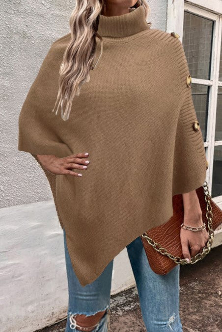 Damen Strick-Poncho mit hohem Kragen und Knopfdetails ModeGeist