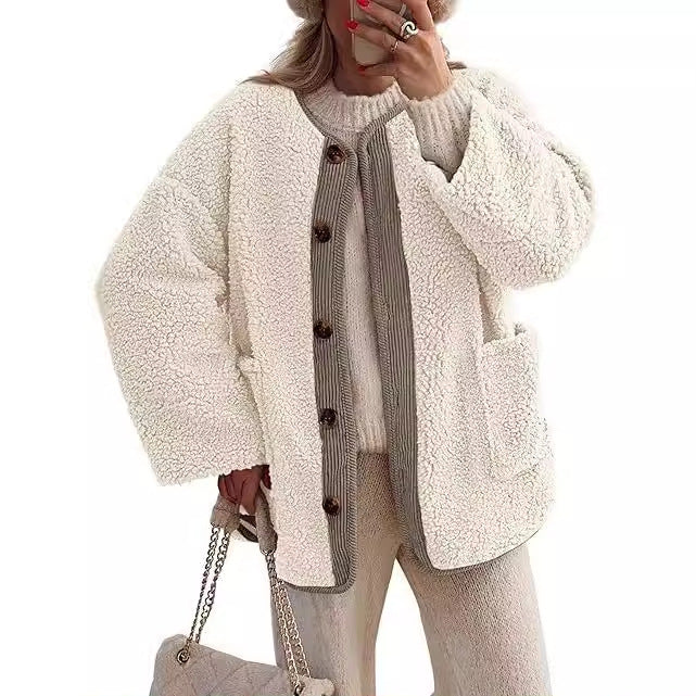 Damen kuschelige Teddyjacke mit farblich abgestimmtem Kragen ModeGeist