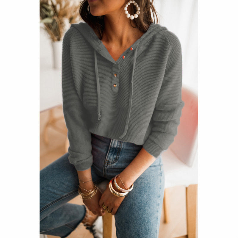 Damen lässiger Kapuzenpullover mit Knopfleiste und hohem Kragen ModeGeist