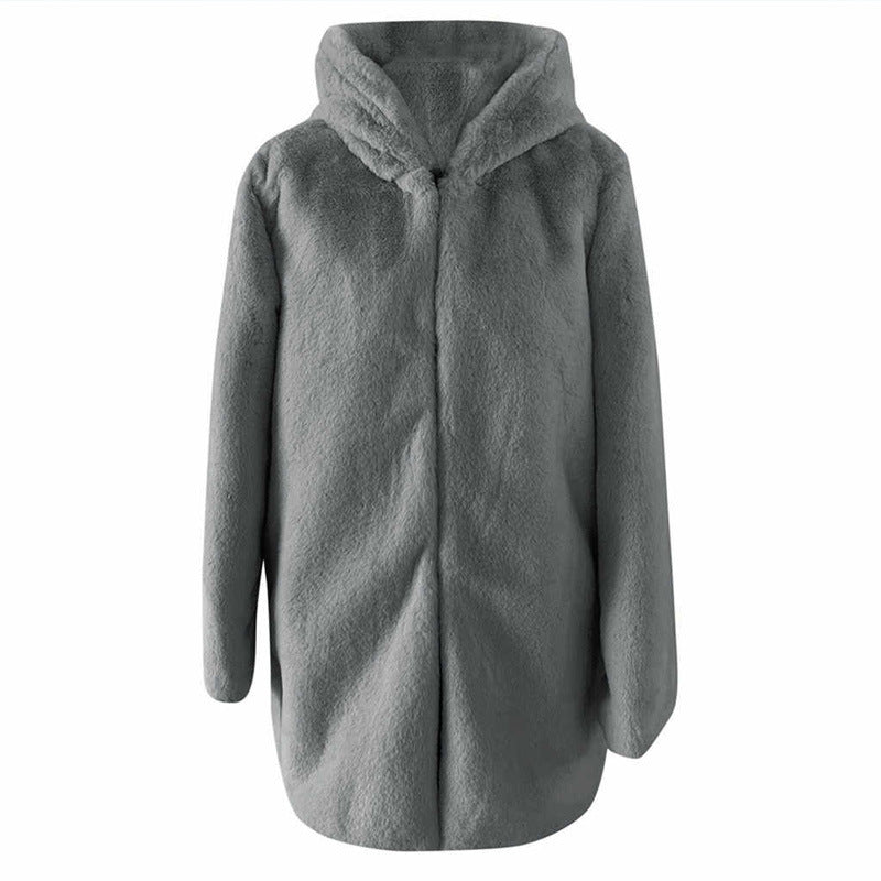 Damen Flauschige Kapuzenjacke aus Kunstfell mit dekorativem Schnitt ModeGeist