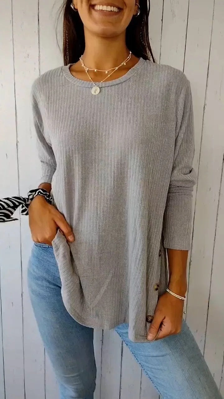 Fudus Damen Langarm-Shirt mit Rundhals, Rippstrick und Knöpfen
