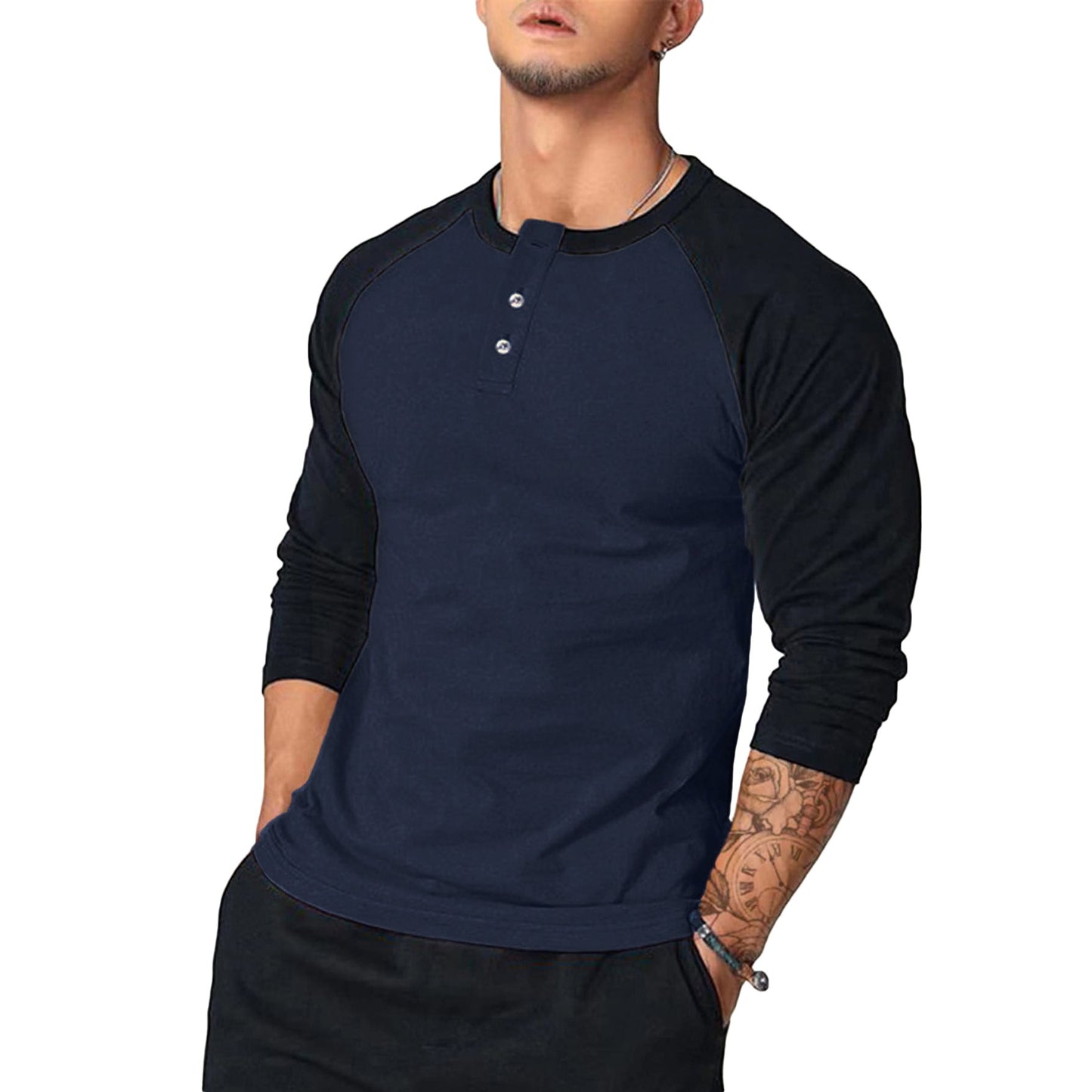 Herren Langarm-Henley-Shirt mit Kontrastärmel ModeGeist
