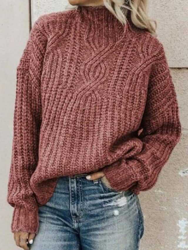 Damen Grober Strickpullover mit hohem Kragen und Zopfmuster ModeGeist