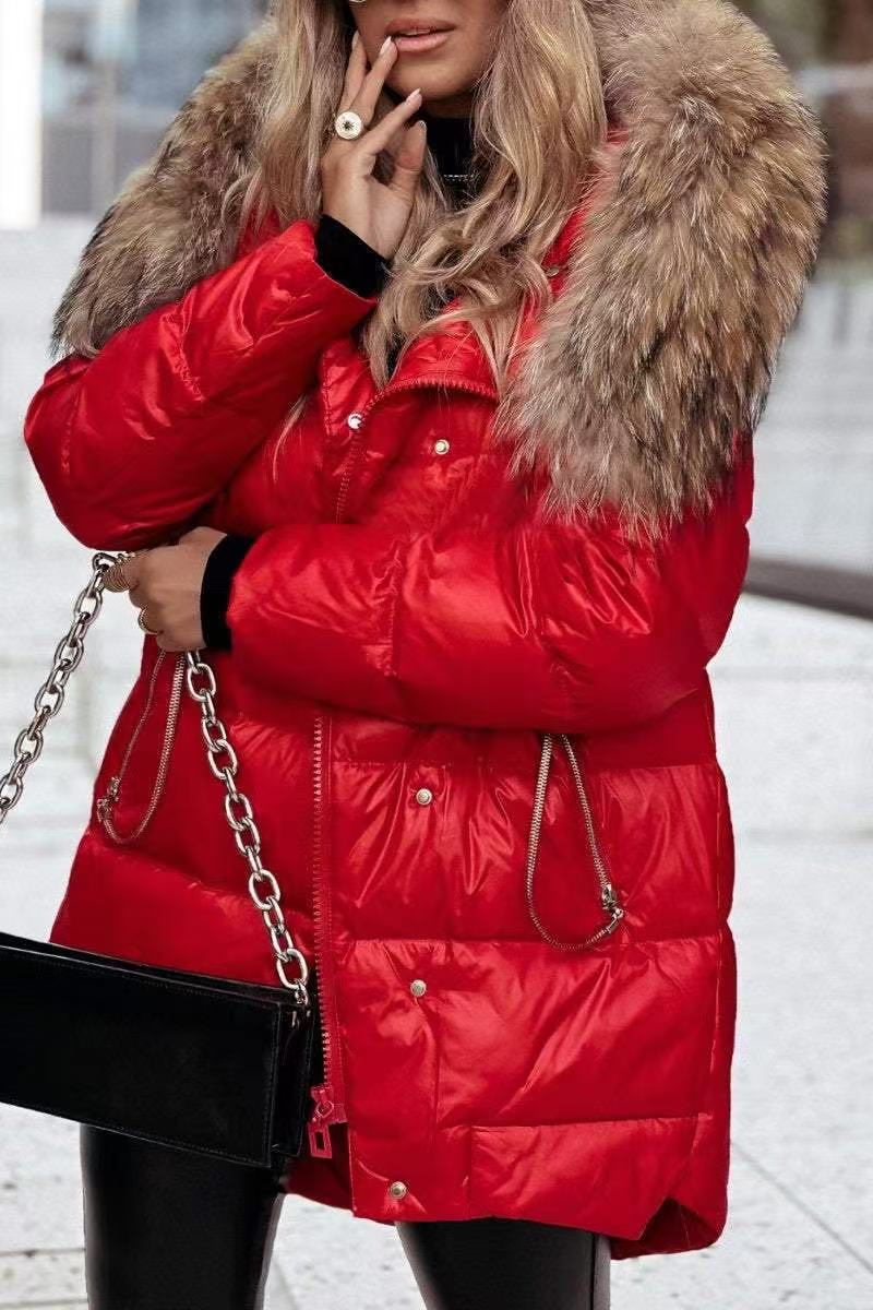 Damen Winterdaunenjacke mit abnehmbarer Kapuze und luxuriösem Fellkragen ModeGeist