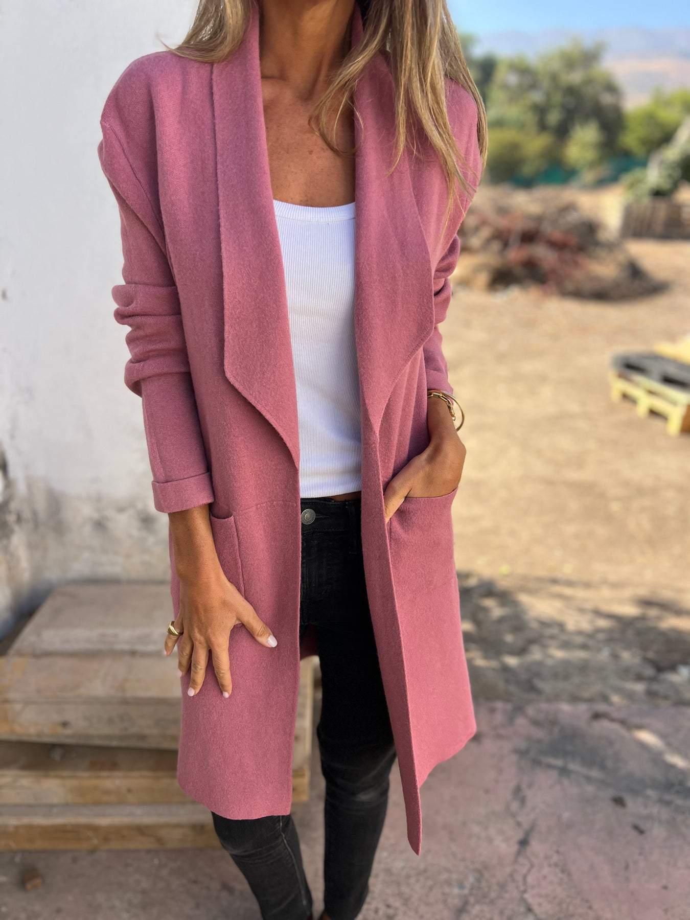 ModeGeist | Einfarbiger Langer Taschen Wollstrickjacke