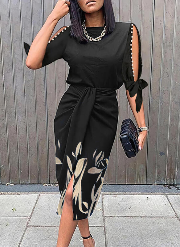 Damen Midikleid mit elegantem Bindegürtel und modischen Cut-Out-Ärmeln ModeGeist