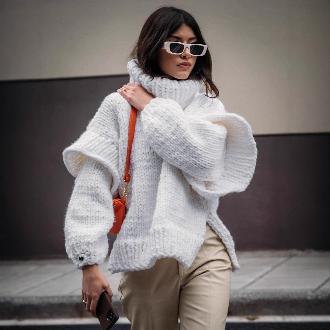 Damen Oversized Strickpullover mit hohem Kragen und voluminösen Ärmeln ModeGeist