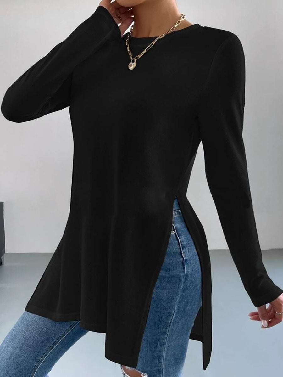 Damen asymmetrisches Longsleeve-Oberteil mit seitlichen Schlitzen und lässigem Schnitt ModeGeist