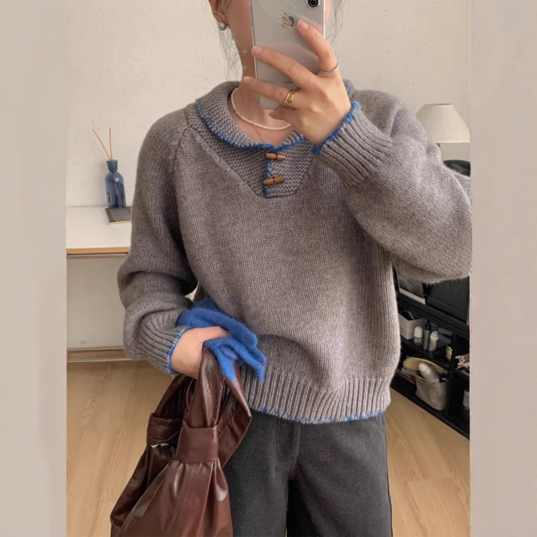 Damen lässiger Strickpullover mit einzigartigem Knopfdesign und Kontrastdetails ModeGeist