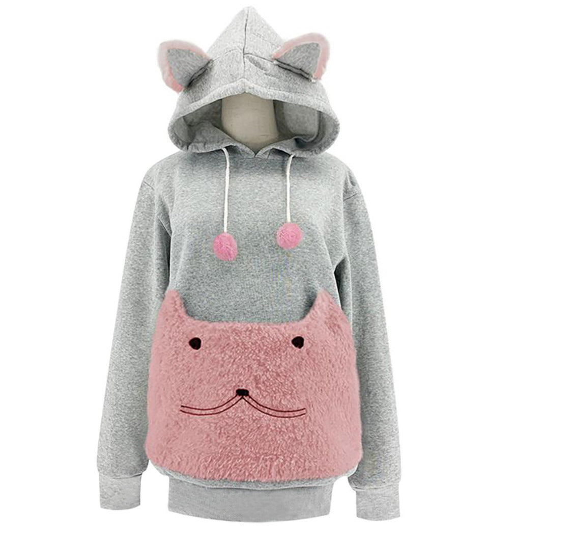 Damen Kuscheliger Kapuzenpullover mit Katzenmotiv und praktischer Känguru-Tasche ModeGeist