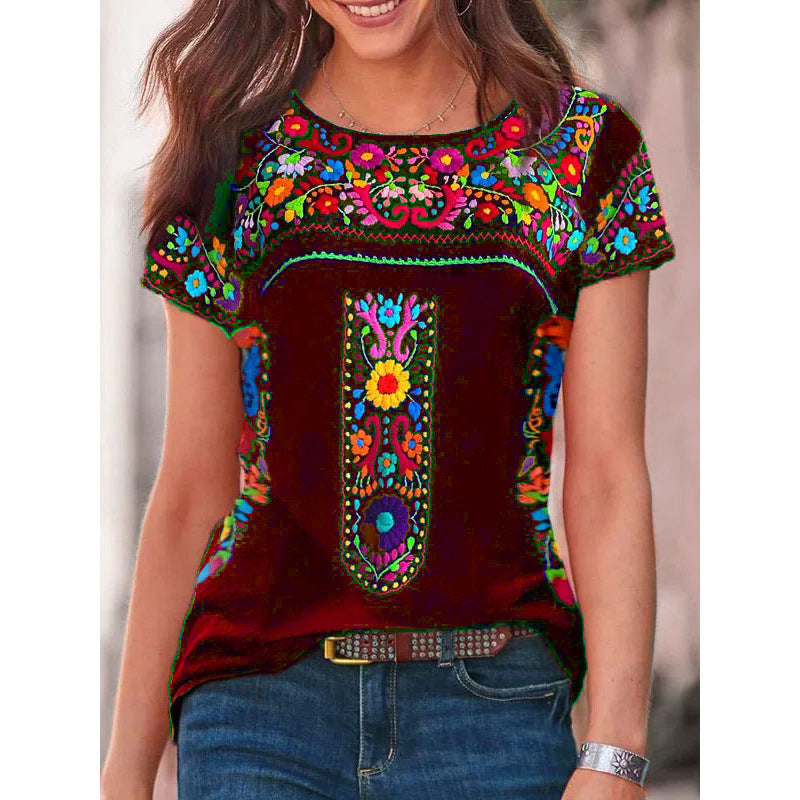 Modisches Damen-T-Shirt mit Stickerei, leuchtenden Farben und Rundhals-Ausschnitt
