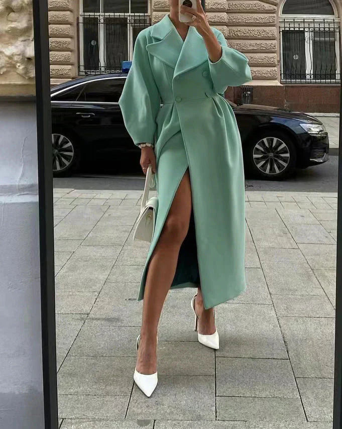 ModeGeist | Mantel - Zweireihiger Wollmix - Tailliert mit Weiten Ärmeln - Eleganter Kragen