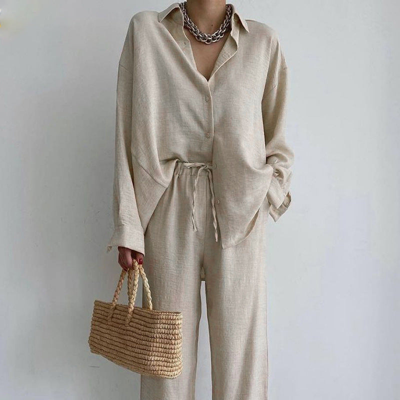 Damen lässiges Leinen Ensemble mit elegantem Hemd und weiter Hose ModeGeist
