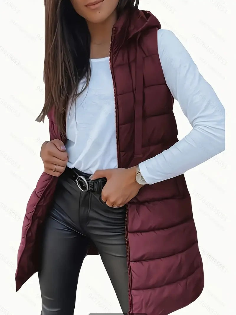 Damen Stylische gesteppte Weste mit Kapuze und langen Schnitt ModeGeist