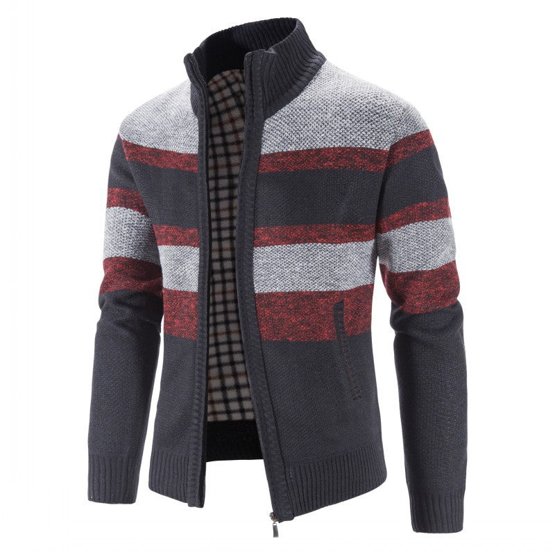 Herren modischer Strickpullover mit durchgehendem Reißverschluss und gestreiftem Design ModeGeist