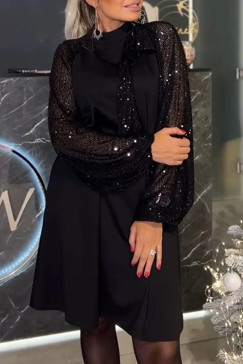 Damen Elegantes Kleid mit glitzernden Ärmeln und festlichem Kragen ModeGeist
