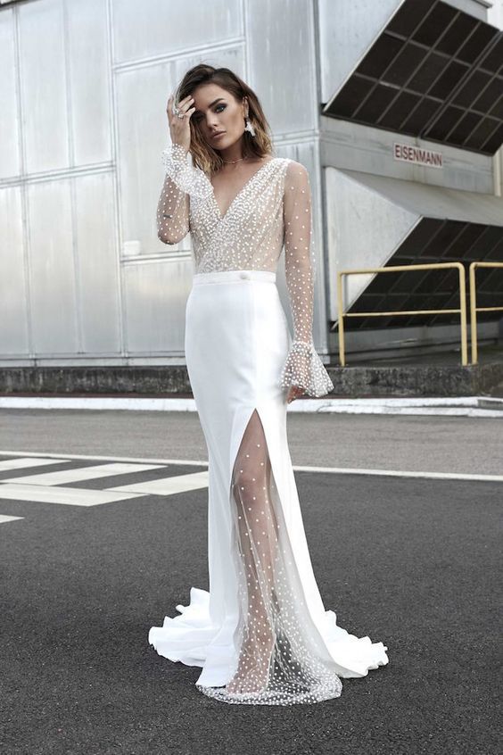 Damen Hochgeschlitztes Abendkleid mit transparentem Oberteil und Perlenapplikationen ModeGeist