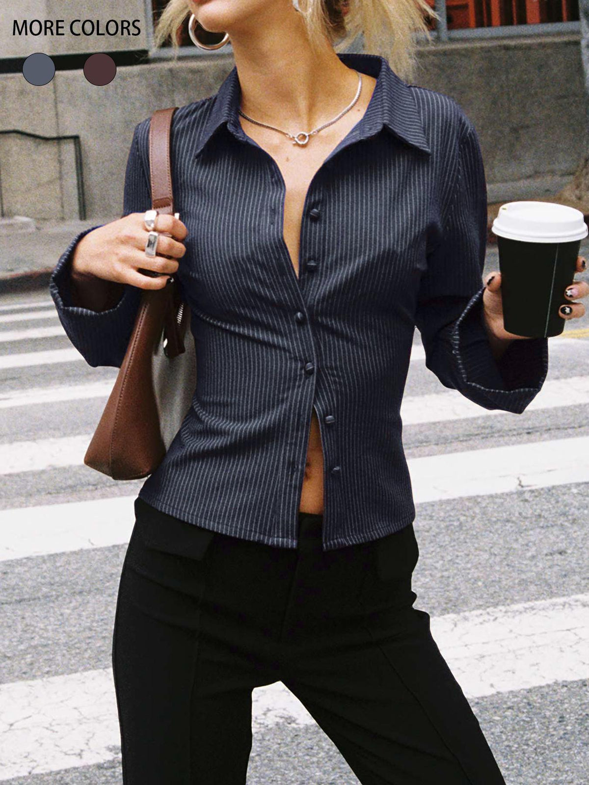 Damen taillierte Hemdbluse mit Klappkragen und feinen Streifen ModeGeist