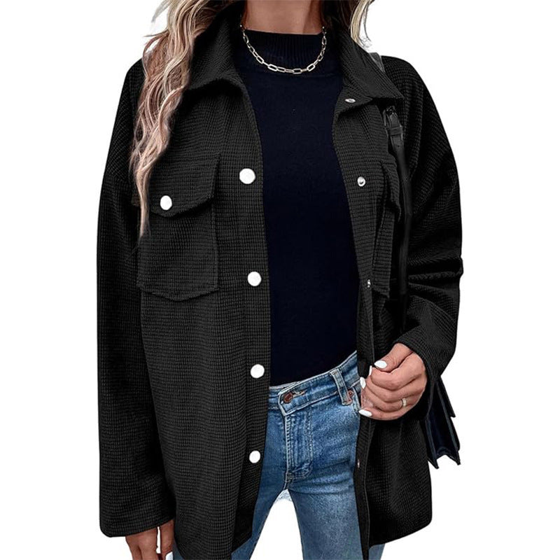 Damen Bequeme Waffel-Design Bluse mit Taschen ModeGeist