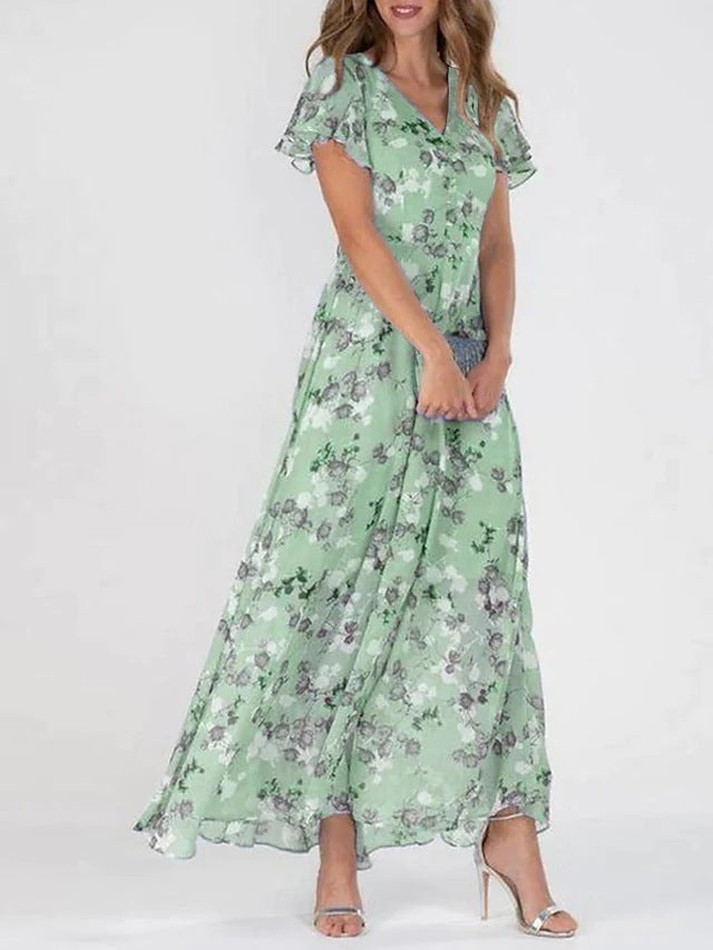 Fliessendes Damen-Maxikleid mit Rüschen und Blumenmuster von MODEGEIST