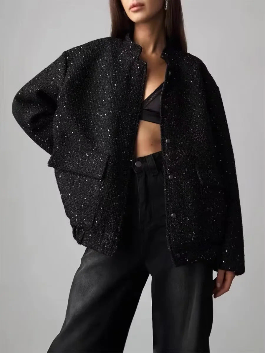 ModeGeist | Gold Pailletten Stehkragenjacke
