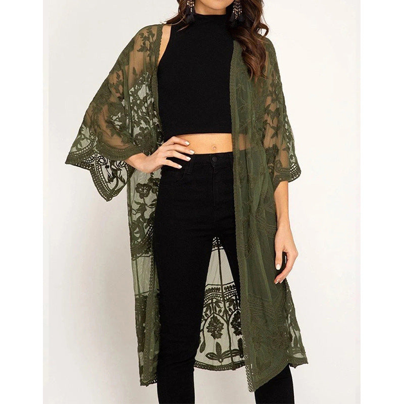 Modischer Damen-Crochet-Kimono mit luftigem Schnitt und Blumenmuster
