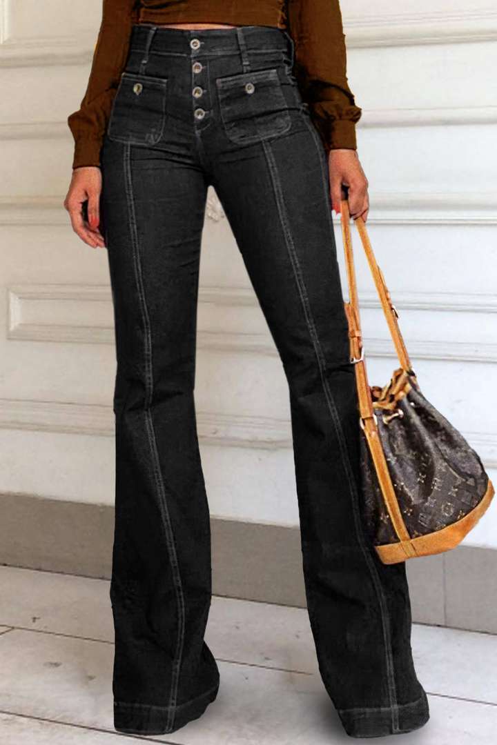 Damen Bootcut Jeans mit hohen Taillen und modischen Knopfdetails ModeGeist