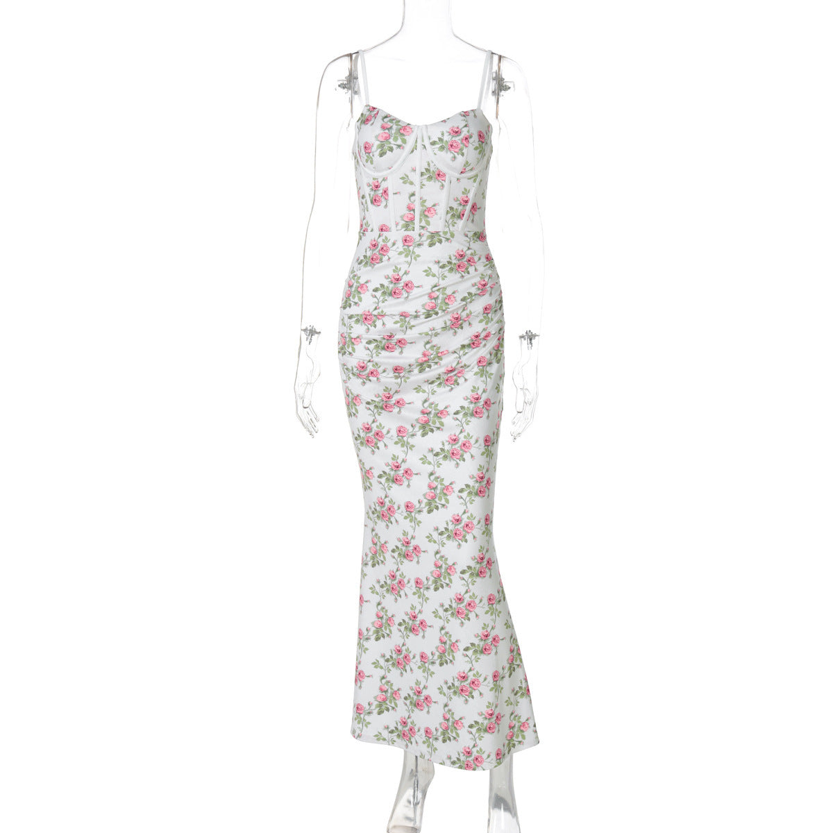 Figurbetontes Maxikleid mit Blumenmuster und verführerischen Rüschen – MODEGEIST