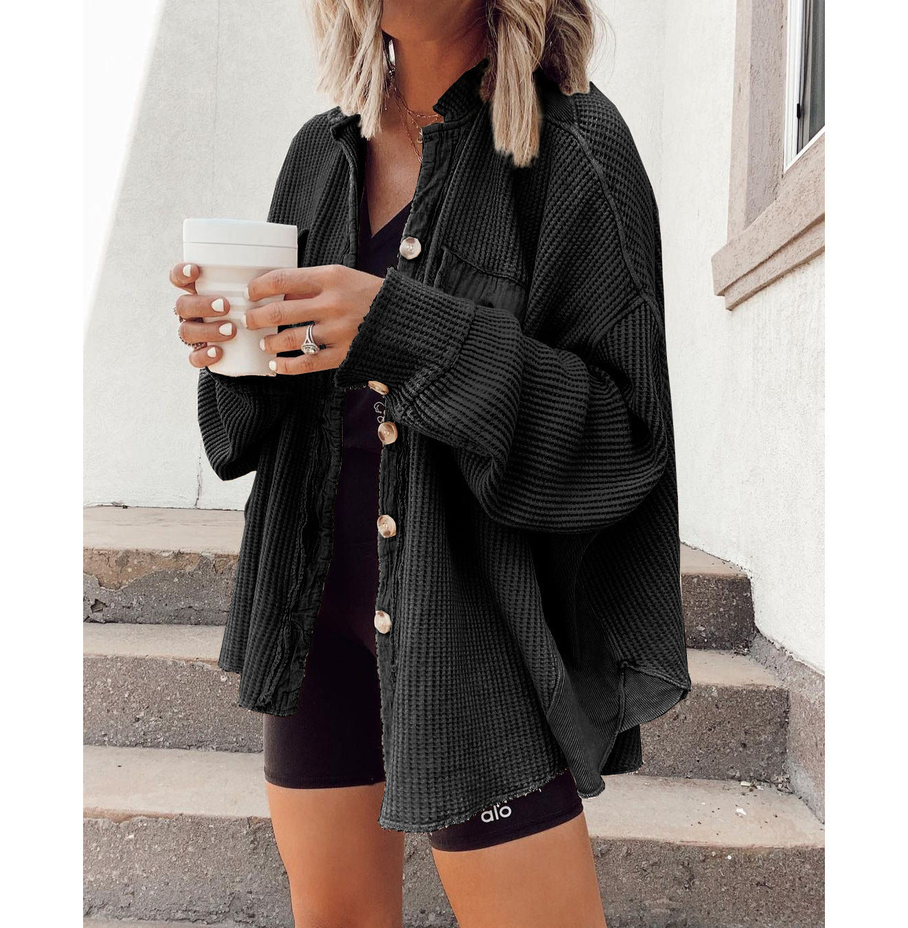Damen oversized Waffelstruktur Hemdjacke ModeGeist