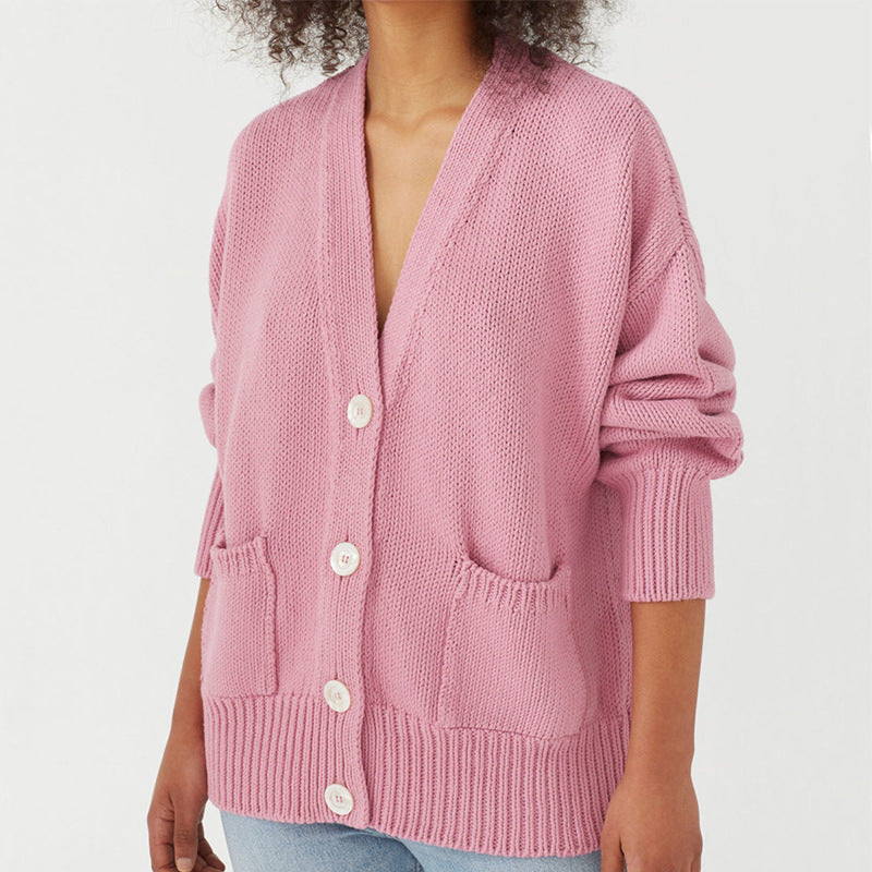 Damen Oversized Strickjacke mit Taschen und V-Ausschnitt ModeGeist