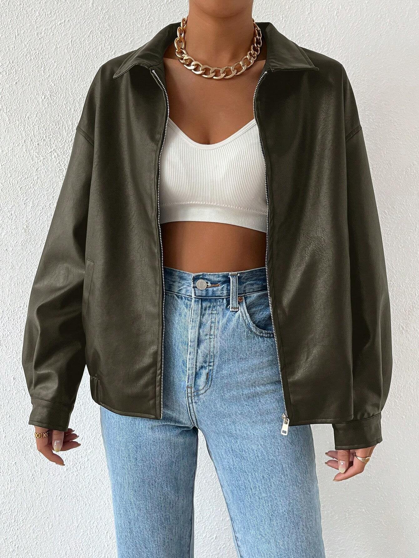 Damen trendige Kunstlederjacke im modernen Schnitt mit lässigem Reißverschluss ModeGeist