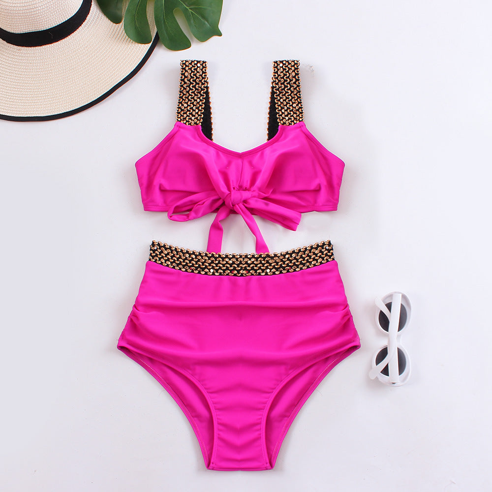 Glamouröser Damen-Bikini mit hohem Schnitt, verspieltem Knoten und eleganten Details